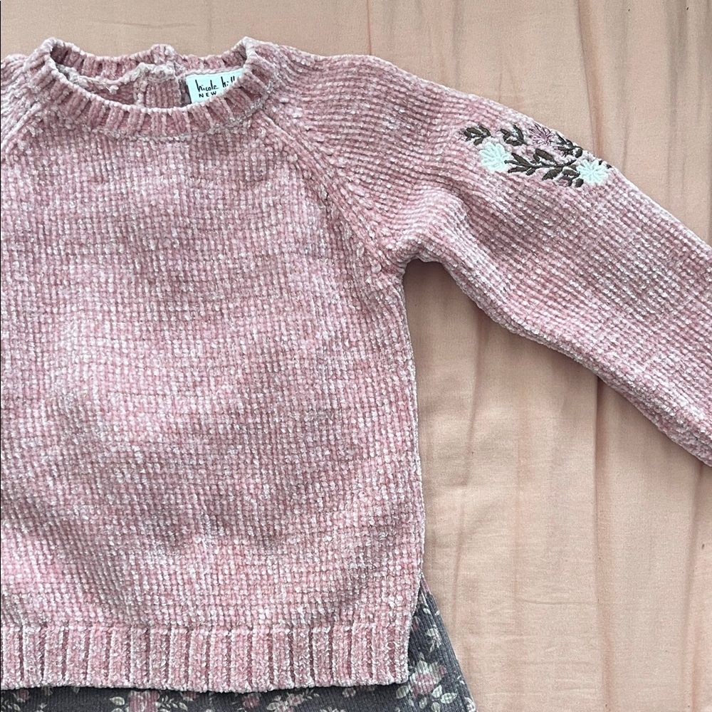 Nicole Miller Pink Knit Sweater with Floral Embroidery